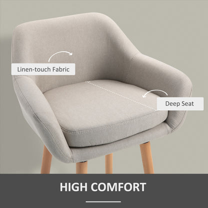 HOMCOM Set of 2 Bar Stools Modern Upholstered Seat Bar Chairs with Metal Frame, Solid Wood Legs Living Room Dining Room Fabric Furniture - Beige