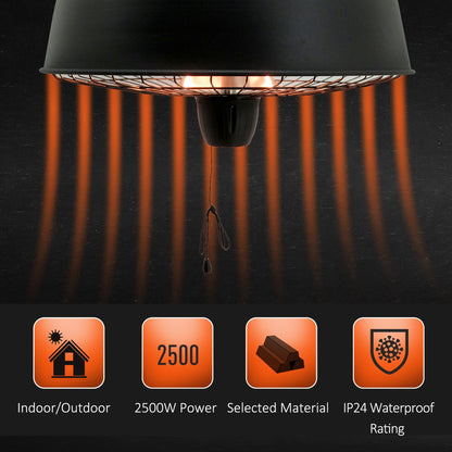 Outsunny Adjustable Power 1000/2500W Infrared Halogen Electric Patio Light Heater, Ceiling Hanging Mount -Black