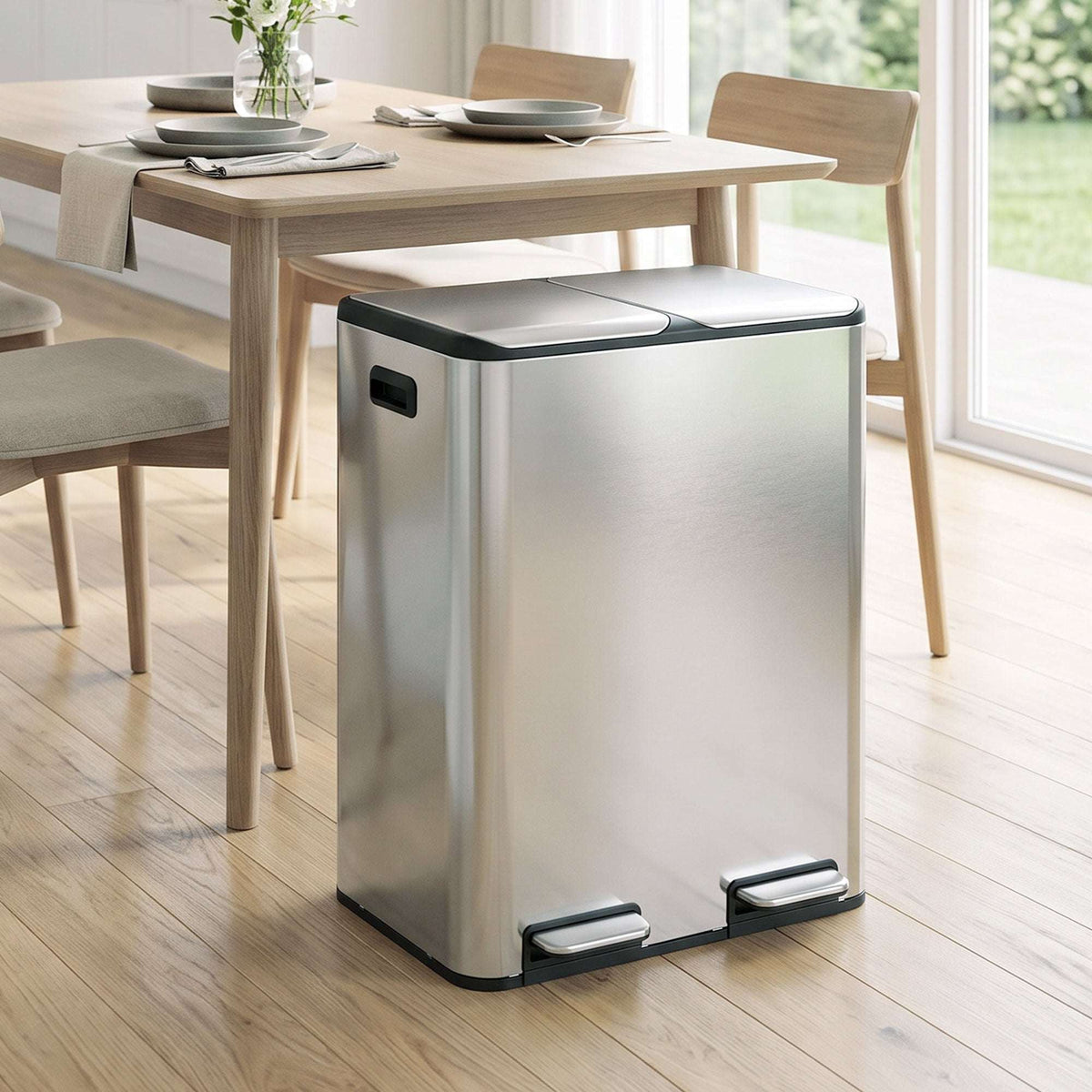 HOMCOM 2 x 30L Double Kitchen Bin, Stainless Steel Pedal Rubbish Bin with Dual Compartments, Soft Close Lids, Silver Tone