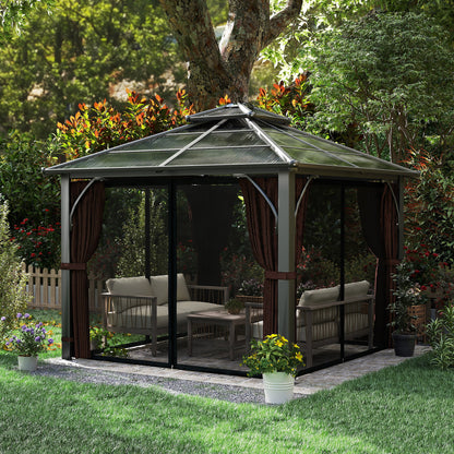 Outsunny 3 x 3(m) Hardtop Gazebo Canopy with 7mm Polycarbonate Double-Tier Roof, Garden Gazebo Permanent Pavilion with Mosquito Netting and Curtains for Patio, Terrace, Brown
