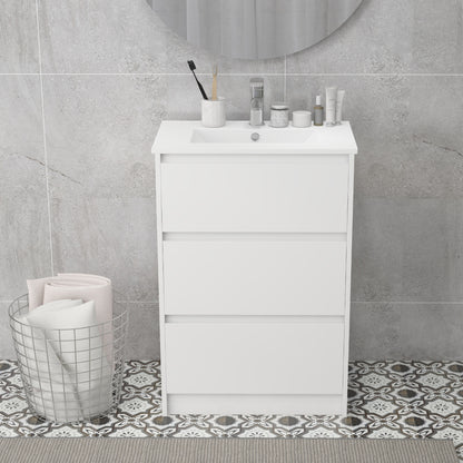 kleankin 600mm Bathroom Vanity Unit with Basin and Single Tap Hole, High Gloss White Floor Standing Bathroom Sink Unit with 2 Drawers for Cloakroom