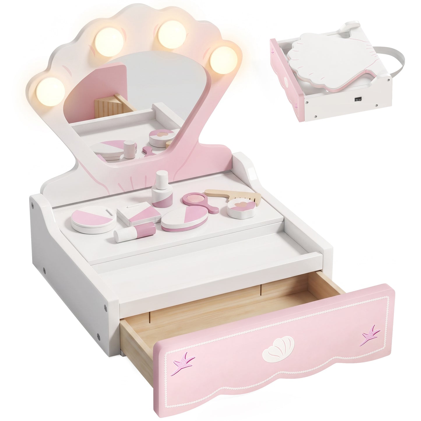 AIYAPLAY Kids Vanity Table, Portable Dressing Table with Lights, Mirror, Drawer, Accessories, Gift for 3-6 Years