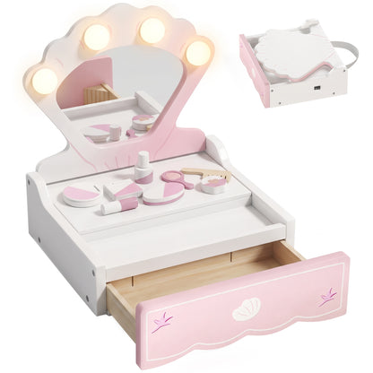 AIYAPLAY Kids Vanity Table, Portable Dressing Table with Lights, Mirror, Drawer, Accessories, Gift for 3-6 Years