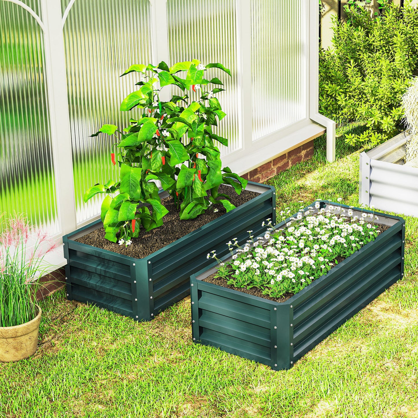 Outsunny Set of Two 110 x 65cm Steel Planter Boxes - Green