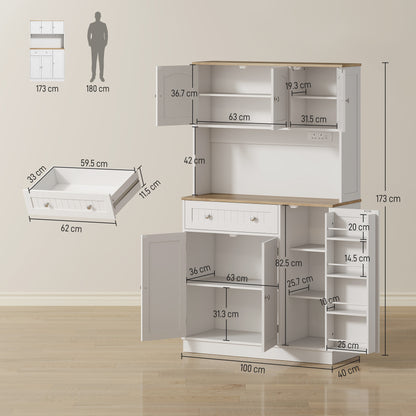 HOMCOM 173 cm Tall Kitchen Cupboard with Charging Station, Pantry Storage Cabinet with Adjustable Shelves and 4 Door Racks