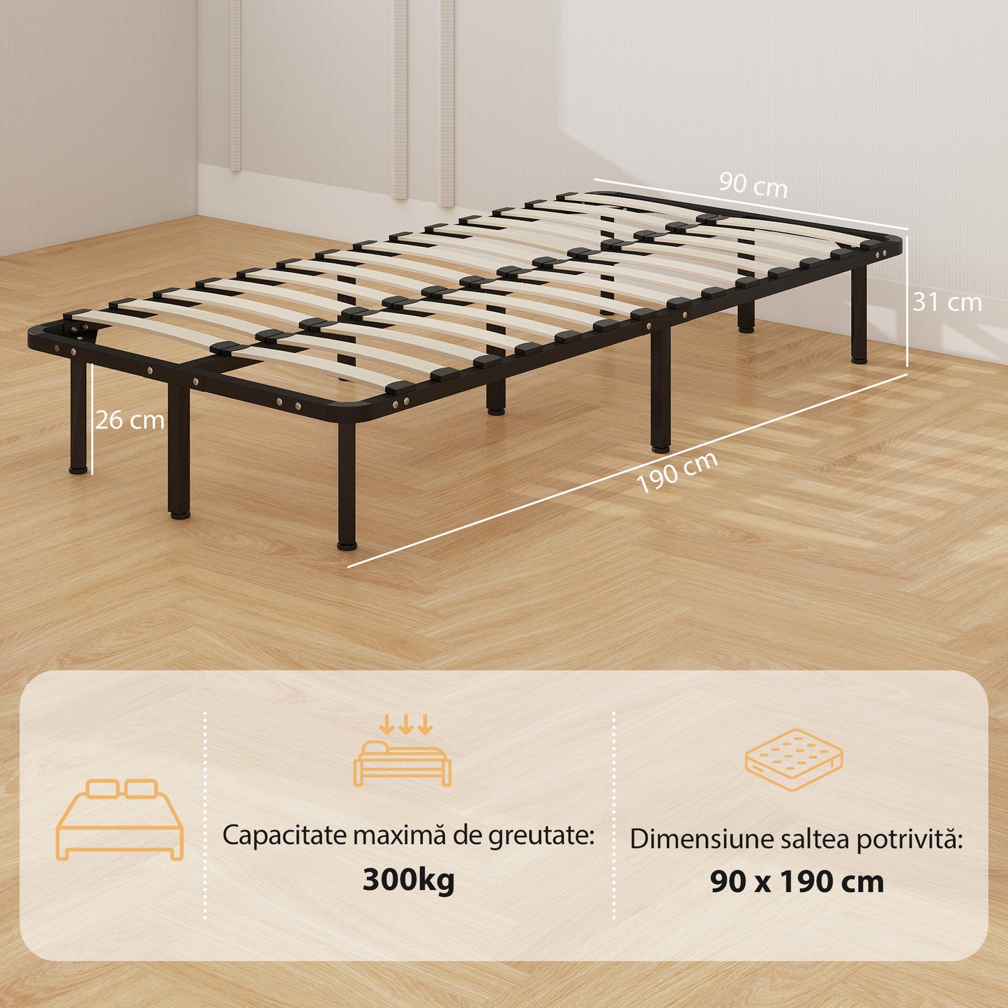 HOMCOM 3ft Single Bed Frame, Metal Platform Bed Frame with 2 x 14 Wood Slats, No Box Spring Needed, Underbed Storage, Black