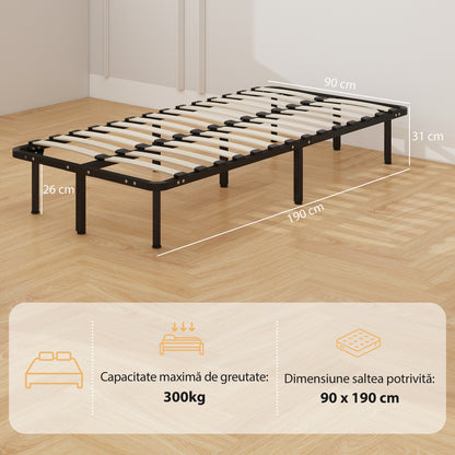 HOMCOM 3ft Single Bed Frame, Metal Platform Bed Frame with 2 x 14 Wood Slats, No Box Spring Needed, Underbed Storage, Black