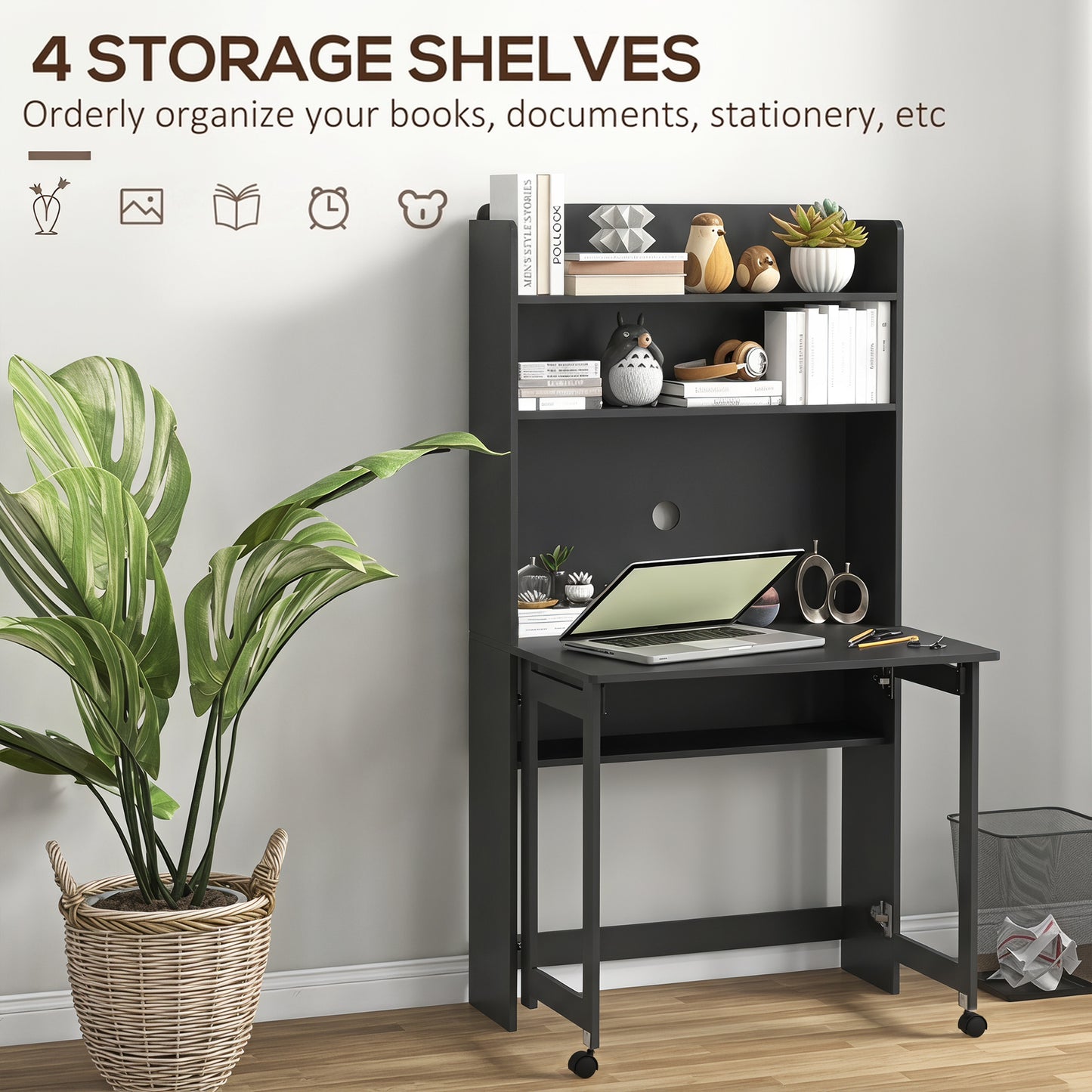 HOMCOM Foldable Desktop, Computer Desk with Storage Shelves, 80 x 69 x 155 cm, Black