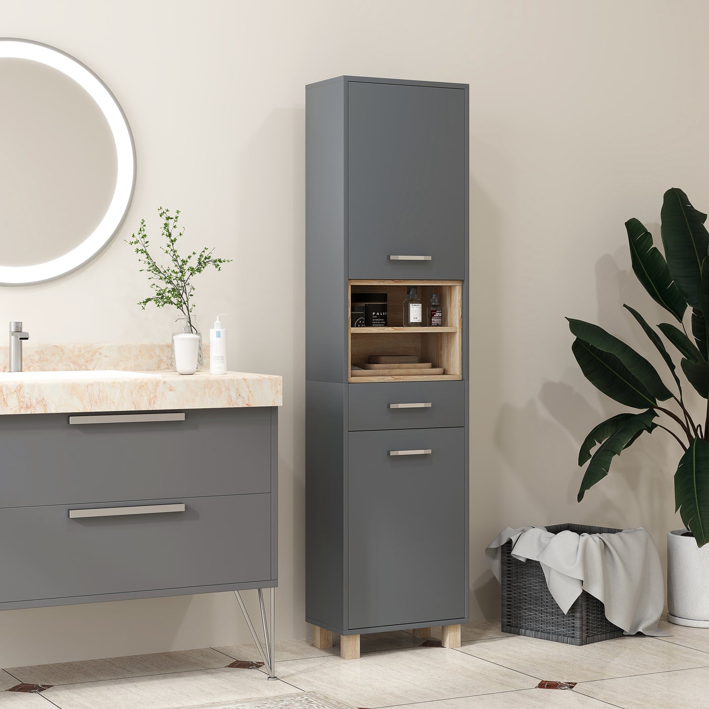 HOMCOM Tall Bathroom Storage Cabinet with MDF Triamine Board and Waterproof Sticker - Matte Grey