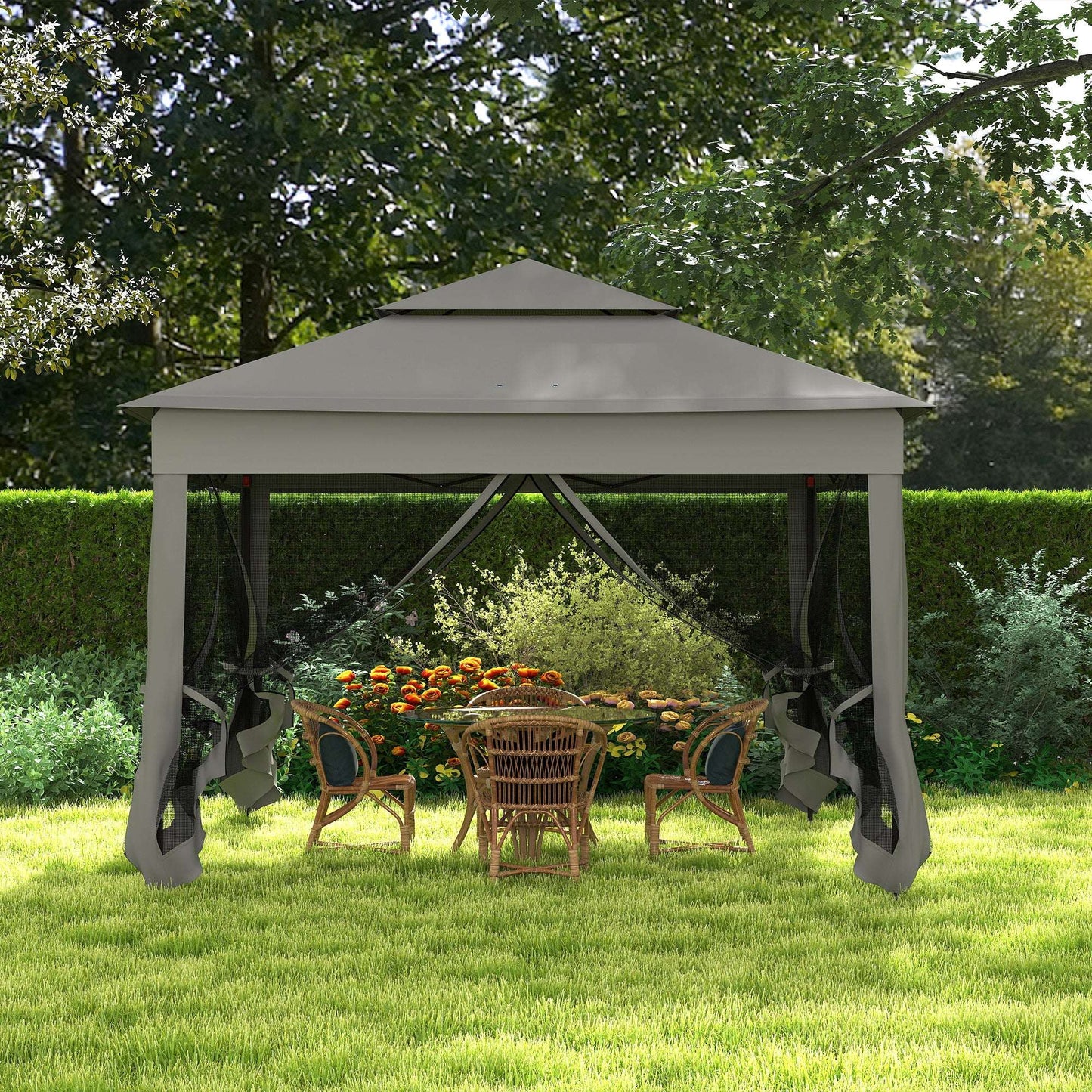 Outsunny 3 x 3(m) Pop Up Gazebo, Double-roof Garden Tent with Netting and Carry Bag, Party Event Shelter for Outdoor Patio, Dark Grey