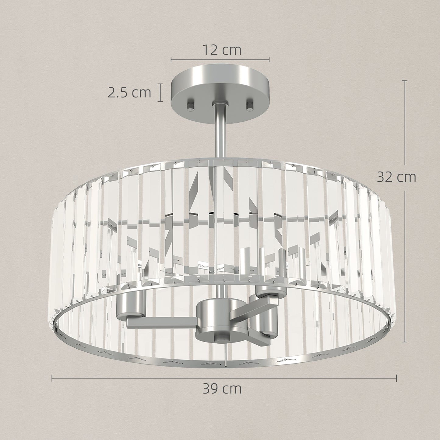 HOMCOM Crystal Ceiling Light Fixture Set of 2, Semi Flush Mount Modern Chandelier for Living Room, Bedroom and Hallway, 3-Lights with E14 Base, Silver Tone