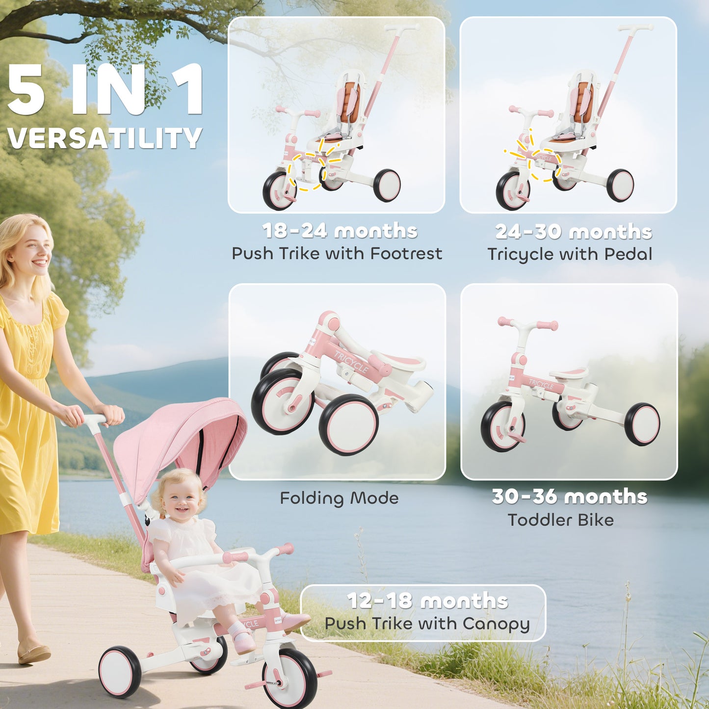 AIYAPLAY 5 in 1 Kids Trike with Adjustable Backrest, Toddler Tricycle with Push Handlebar, Adjustable Backrest, Pink