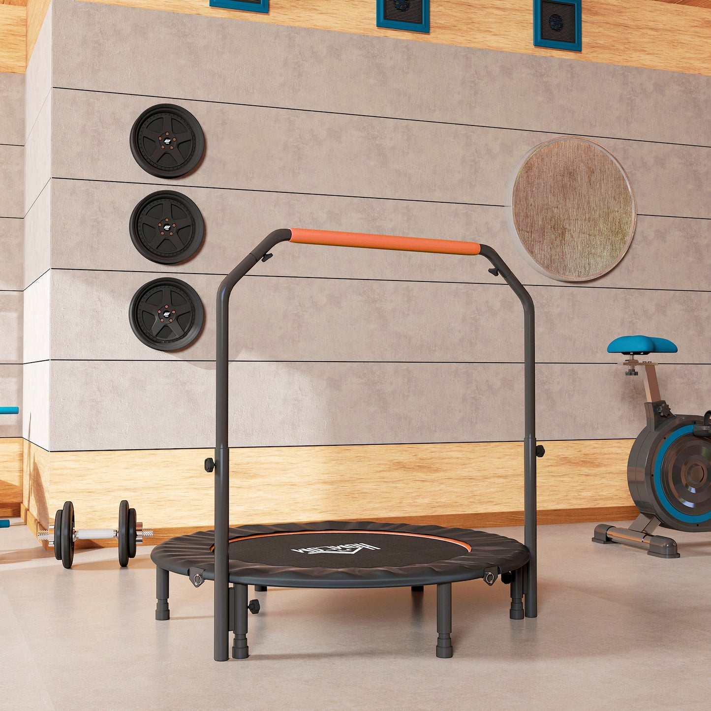 HOMCOM 48" Foldable Mini Fitness Trampoline, with Adjustable Foam Handle, Orange