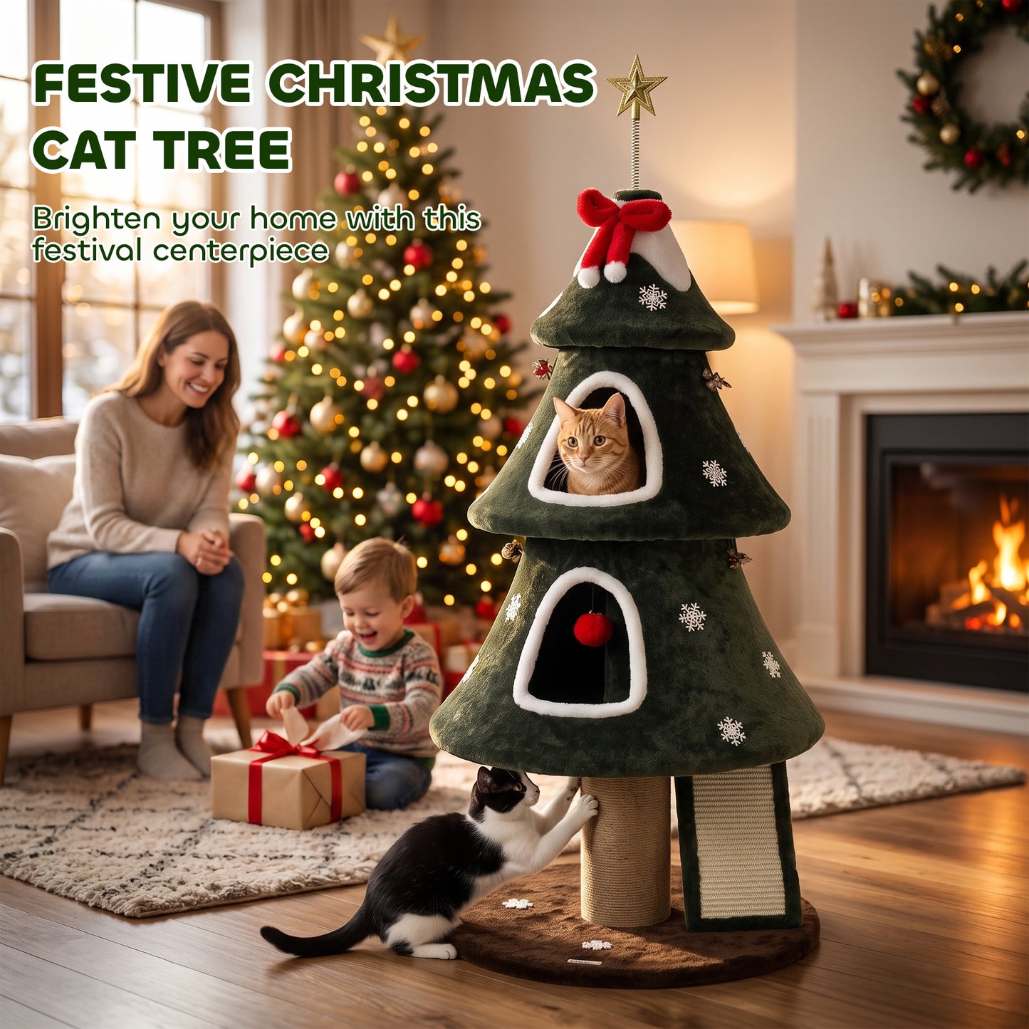 PawHut Cat Tree, Christmas Cat Tower with Dual Condos, Sisal Ladder, Jute Posts, Anti-Tip Rope, Hanging Balls, 60 x 60 x 132 cm
