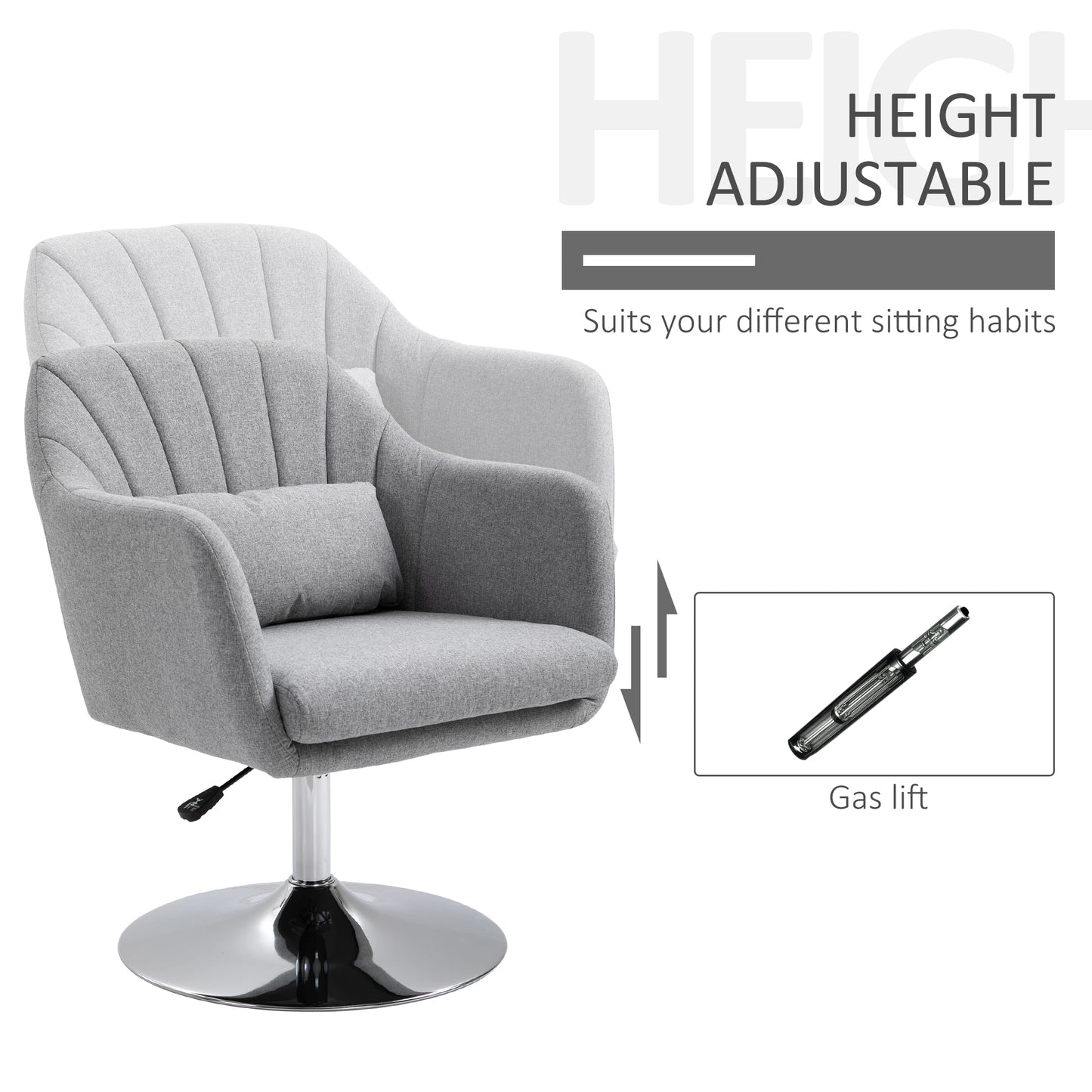 HOMCOM Swivel Accent Chair, Linen Fabric Tub Vanity Chair, Modern Armchair with Adjustable Height and Lumbar Support for Living Room Bedroom Salon Make up Room Dressing Table, Light Grey