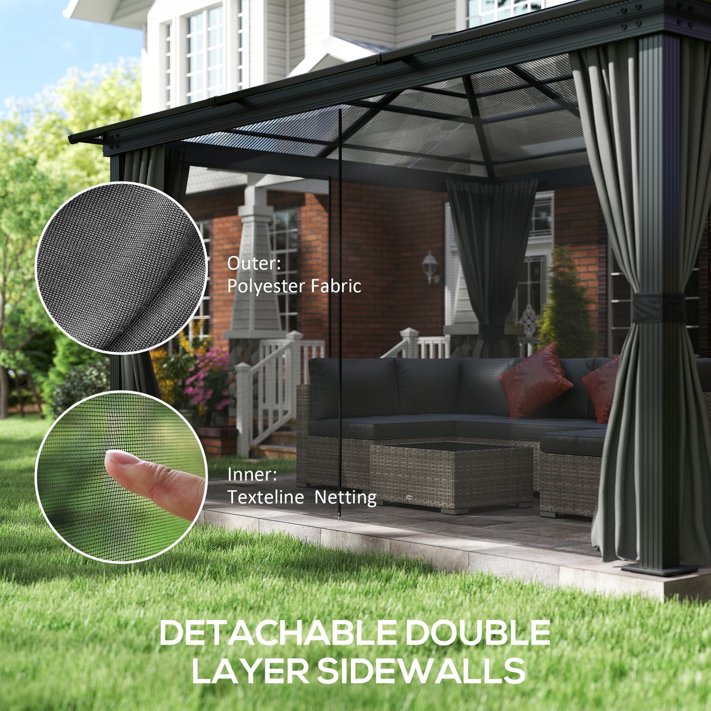 Outsunny 3.6 x 4m Hardtop Gazebo Canopy with Polycarbonate Roof, Aluminium Frame, Permanent Pavilion Garden Gazebo with Netting and Curtains for Patio, Deck, Dark Grey