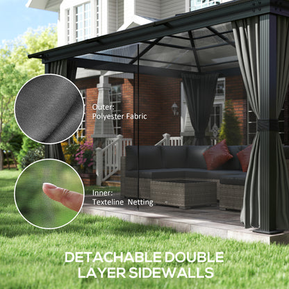Outsunny 3.6 x 4m Hardtop Gazebo Canopy with Polycarbonate Roof, Aluminium Frame, Permanent Pavilion Garden Gazebo with Netting and Curtains for Patio, Deck, Dark Grey