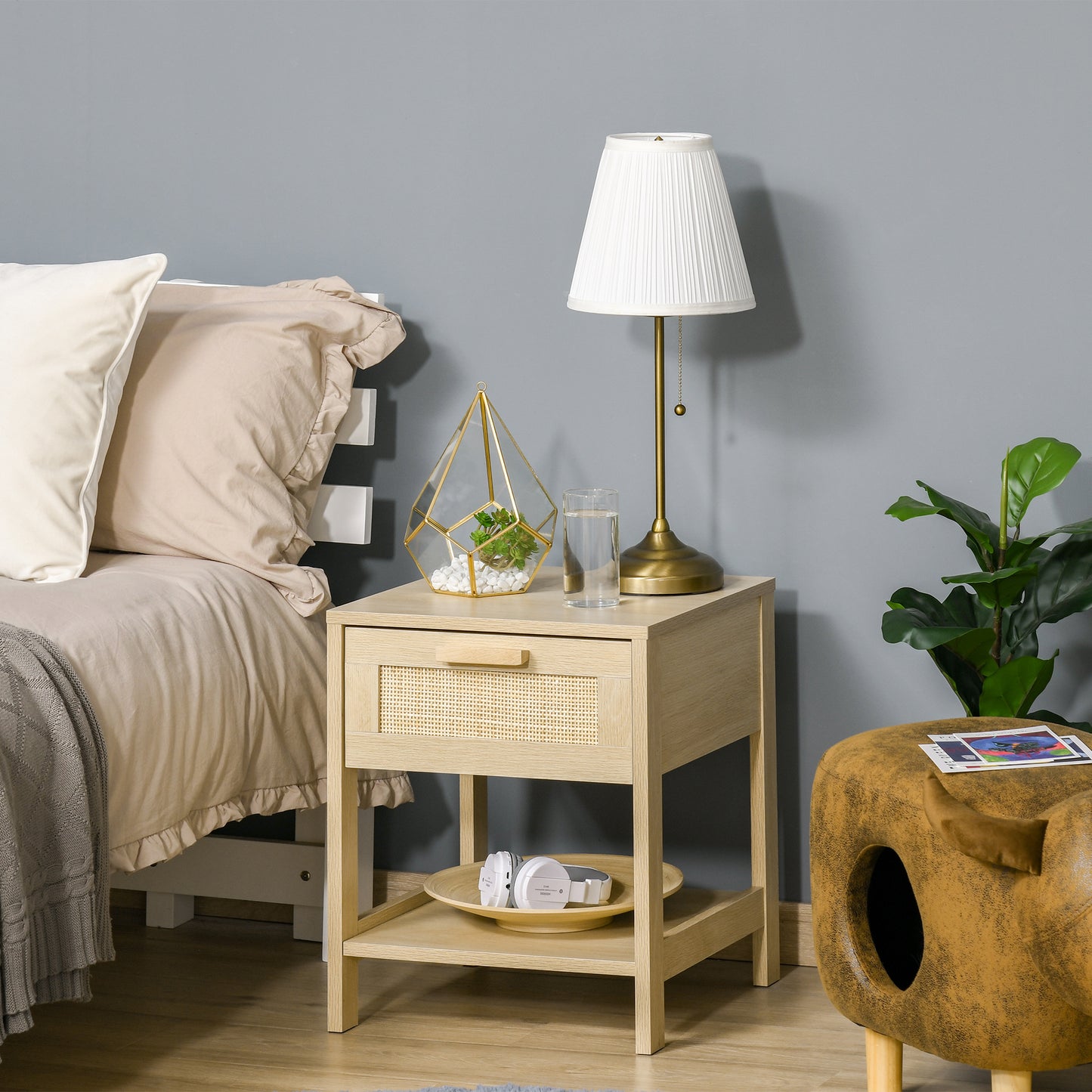 HOMCOM Bedside Table Set of 2 with Rattan Drawer, Rustic Side Tables with Storage Shelf for Bedroom, Living Room, Natural