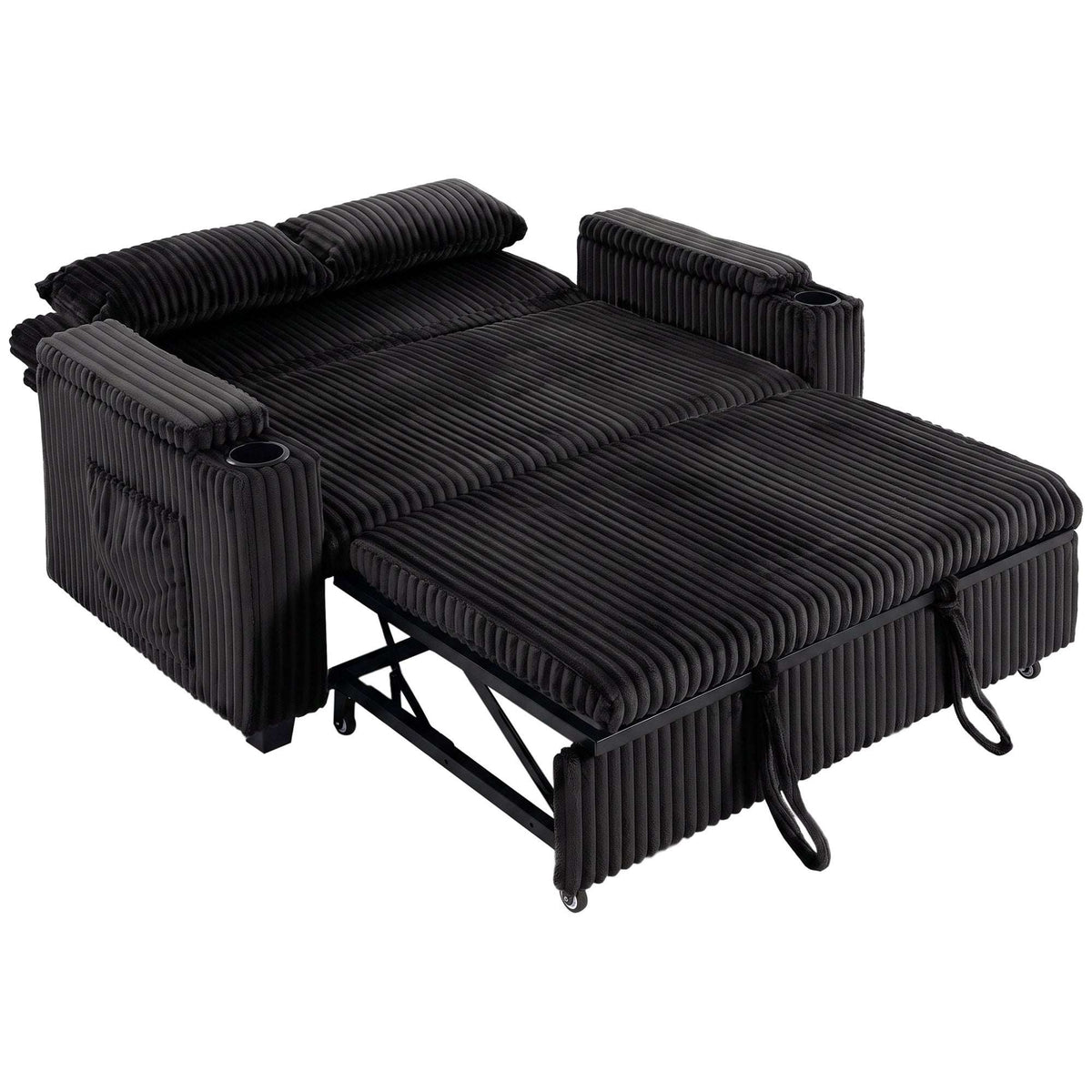 HOMCOM 2 Seater Sofa Bed, Pull Out Sleeper Sofa w/ Adjustable Backrest, Storage Armrests, Cup Holders, Side Pockets, Black