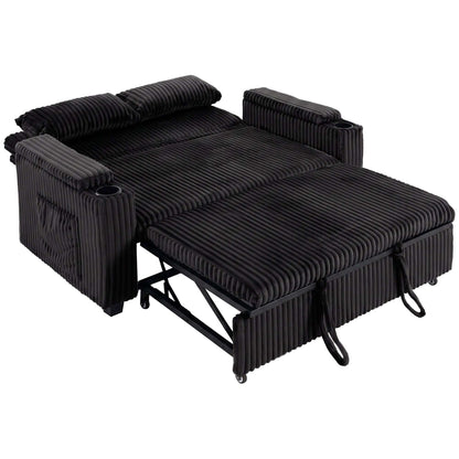 HOMCOM 2 Seater Sofa Bed, Pull Out Sleeper Sofa w/ Adjustable Backrest, Storage Armrests, Cup Holders, Side Pockets, Black