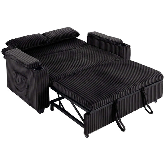 HOMCOM 2 Seater Sofa Bed, Pull Out Sleeper Sofa w/ Adjustable Backrest, Storage Armrests, Cup Holders, Side Pockets, Black