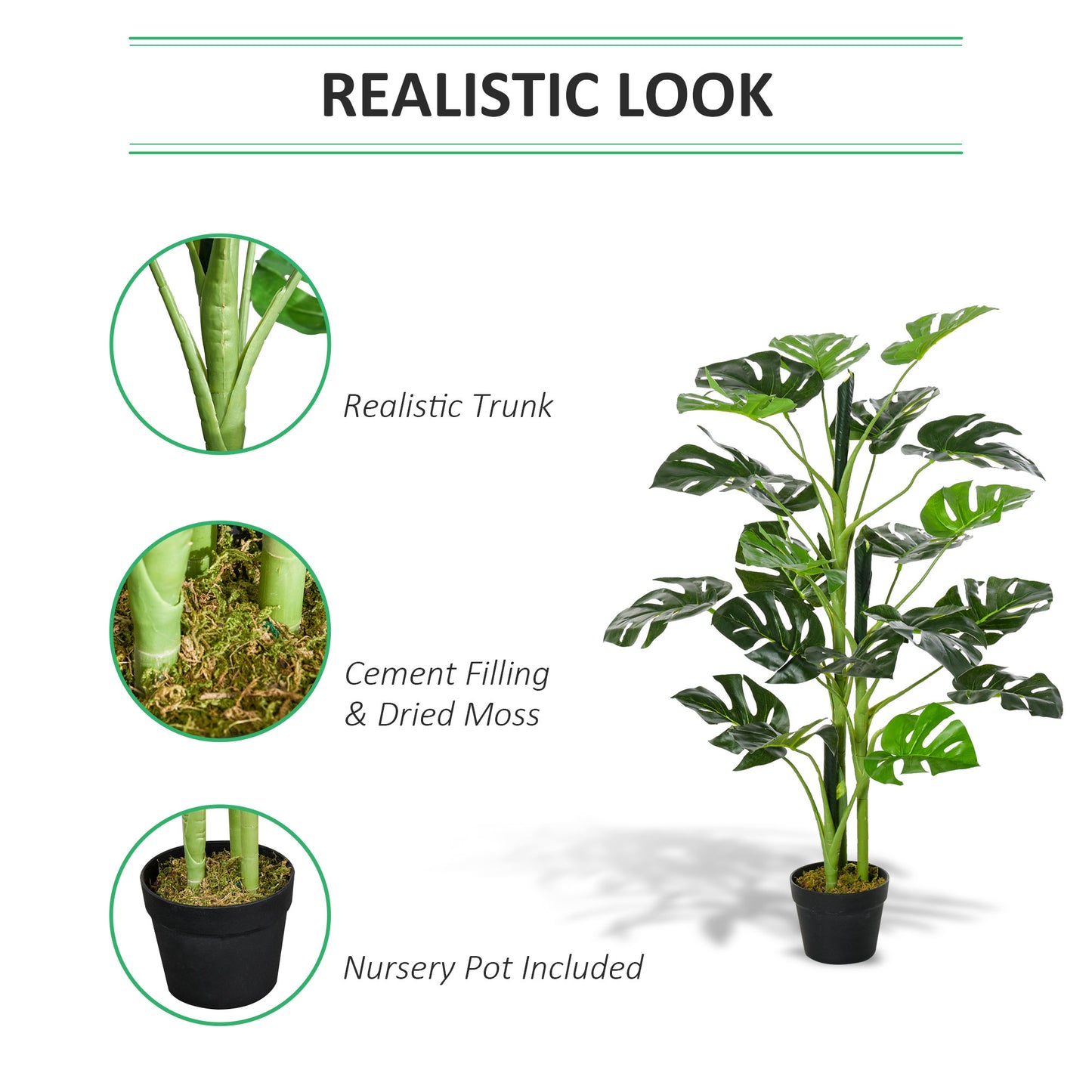 Outsunny 100cm/3.3FT Artificial Monstera Tree Decorative Cheese Plant 21 Leaves with Nursery Pot, Fake Tropical Palm Tree for Indoor Décor