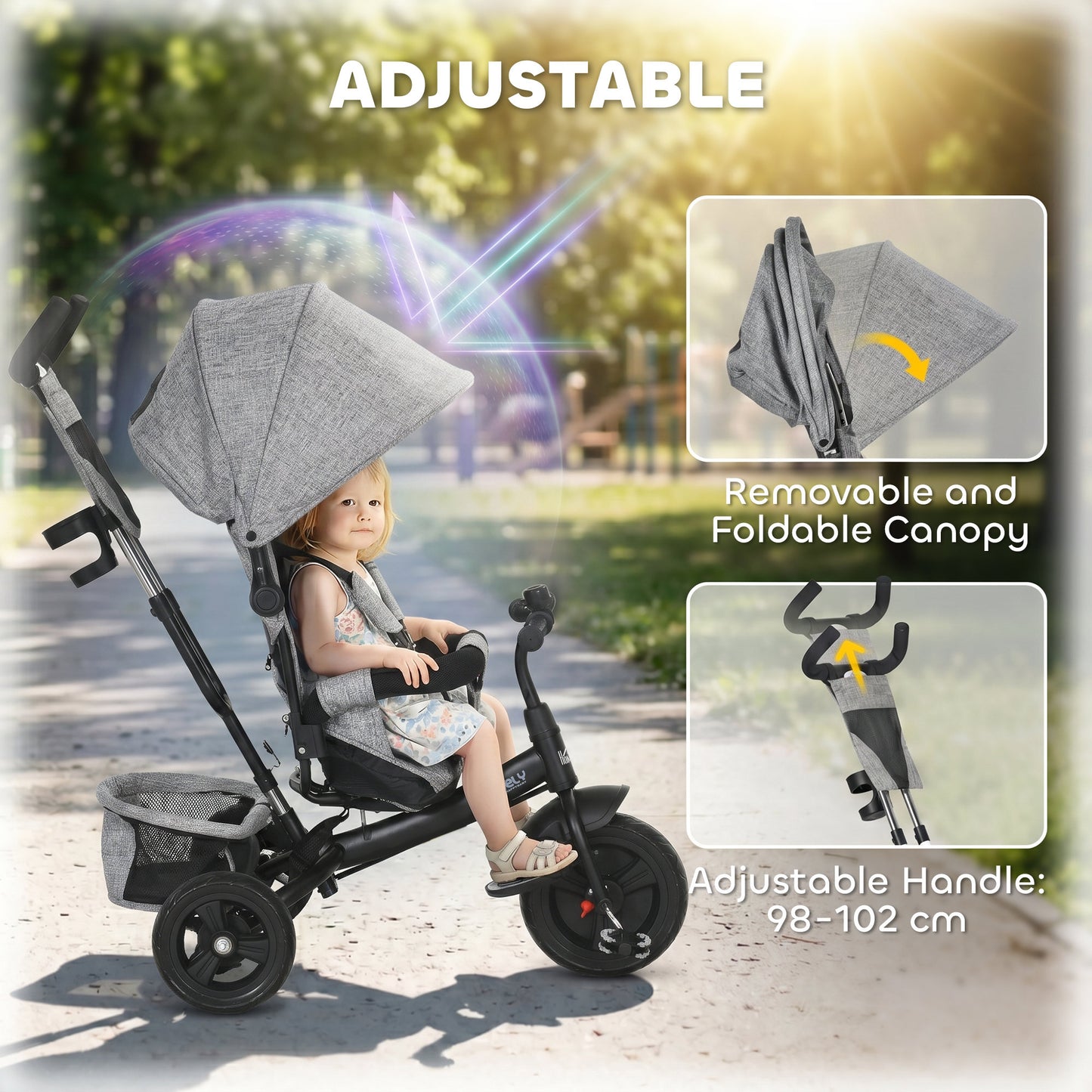 HOMCOM 6 in 1 Kids Trike with Parent Handle, Canopy, 5-point Seat Belt, Storage, Footrest, Brake, for 1-5 Years, Grey