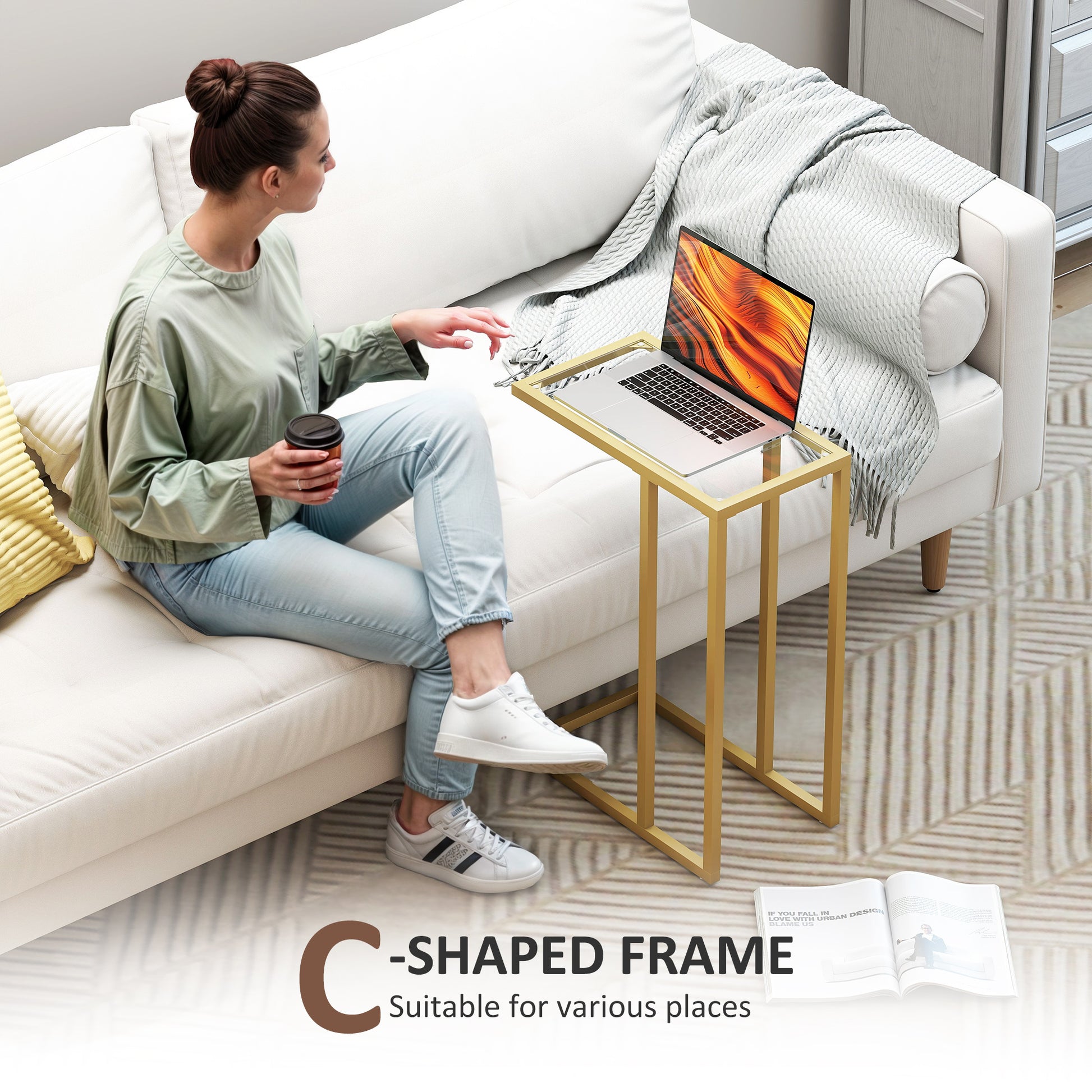 HOMCOM C-Shaped Side Table, Modern Slim End Table with Tempered Glass Tabletop, Steel Frame for Small Space, Living Room, Bedroom, Gold Tone-End Tables-ChewyGames-ChewyGames