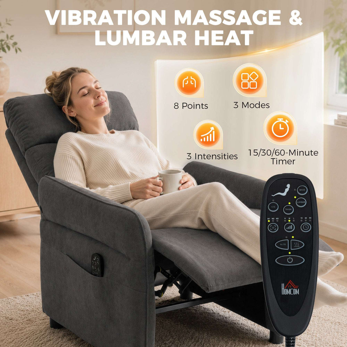 HOMCOM Recliner Armchair, Push Back Recliner Chair with Massage & Heat, Adjustable Armrests, Dual Side Pockets, Dark Grey