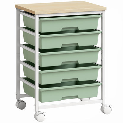 HOMCOM 6-Tier Storage Trolley on Wheels, Metal Kitchen Rolling Cart with 5 Pull-Out Drawers, Green
