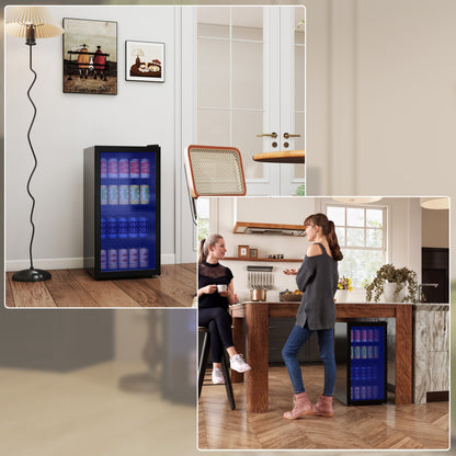 HOMCOM 93L Drinks Fridge, 115 Can Freestanding Beer Fridge with Glass Door, Adjustable Shelves, LED Light, for Beer Soda, Black