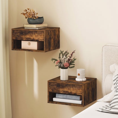 HOMCOM Set of Two Floating Bedside Tables - Rustic Brown