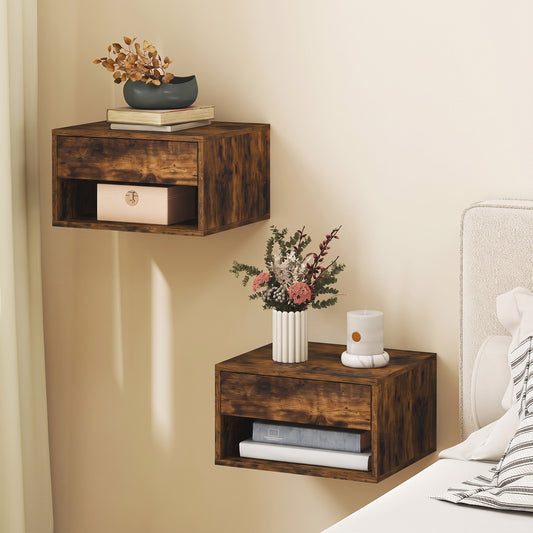 HOMCOM Set of Two Floating Bedside Tables - Rustic Brown