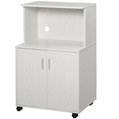 HOMCOM Kitchen Storage Unit, Modern Microwave Stand Trolley Cart, Sideboard with Cabinet,  Locking Wheels, Shelf for Living Room, Dining Room, White