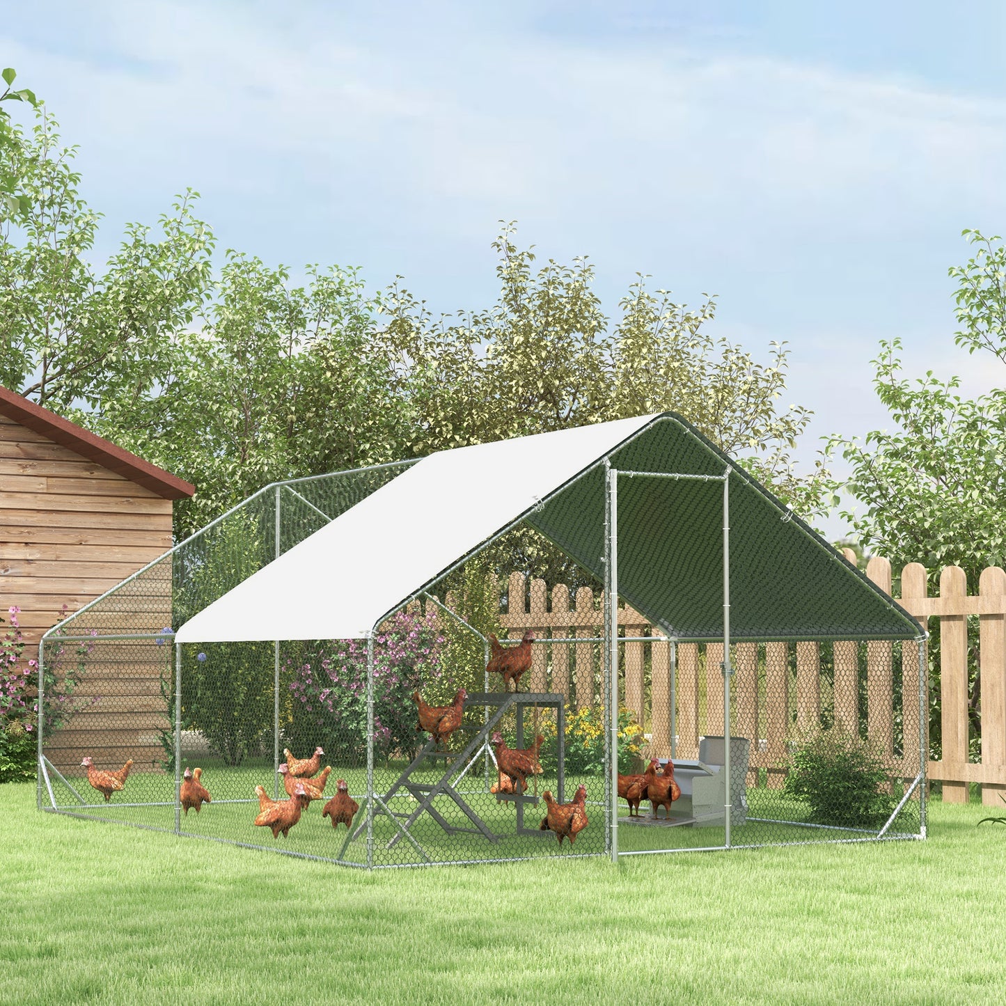 PawHut Chicken Walk-in Run, Galvanised Chicken Coop, Hen Poultry House Cage, Rabbit Hutch Pet Playpen Garden w/ Water-Resist Cover, 3 x 4 x 2m