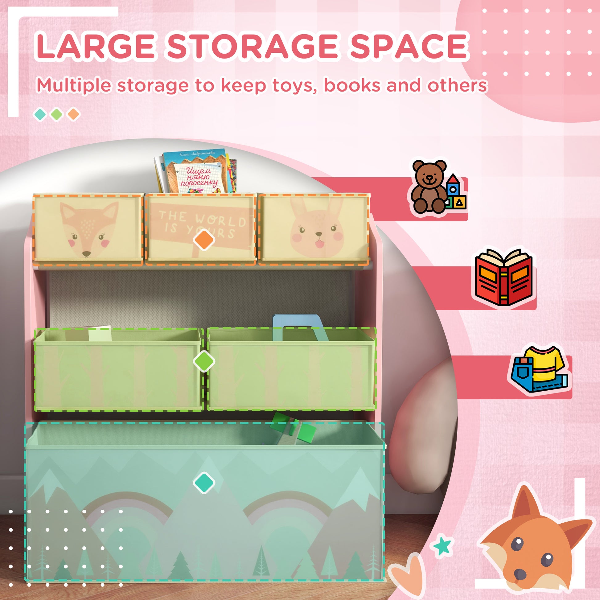 ZONEKIZ Kids Storage Unit, Toy Storage Organiser, with Six Fabric Bins, for Bedrooms, Playrooms, Nurseries - Pink--ChewyGames-ChewyGames