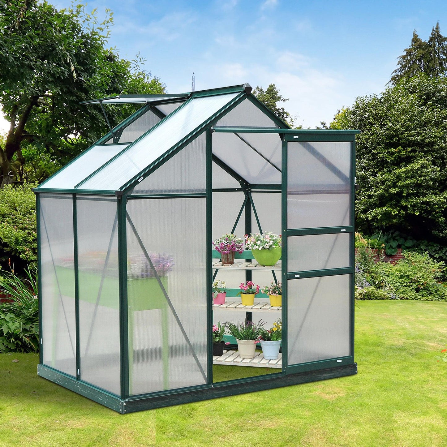 Outsunny 6 x 4ft Polycarbonate Greenhouse, Large Walk in Green House with Slide Door and Window, Garden Plants Grow House with Aluminium Frame and Foundation, Dark Green