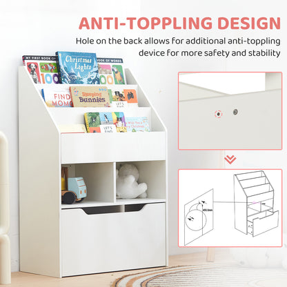 HOMCOM Kids Bookshelf, Toy Organiser, with Storage Drawer, Wheels - White