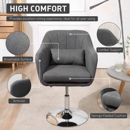 HOMCOM Swivel Accent Chair, Linen Fabric Tub Vanity Chair, Modern Armchair with Adjustable Height and Lumbar Support for Living Room Bedroom Salon Make up Room Dressing Table, Dark Grey