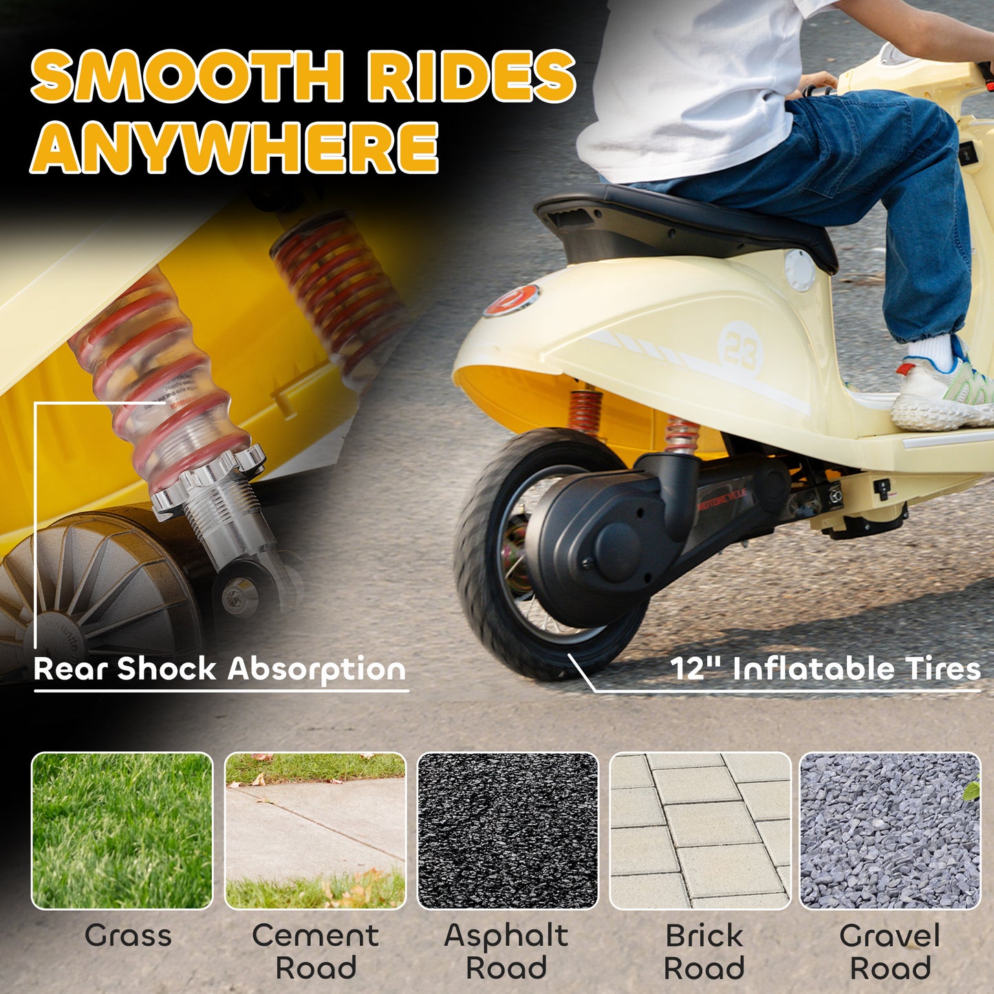 AIYAPLAY 24V Kids Electric Motorbike, Ride on Motorcycle with Manual Throttle, Brakes and LED Lights for Ages 8-12 Years, Beige