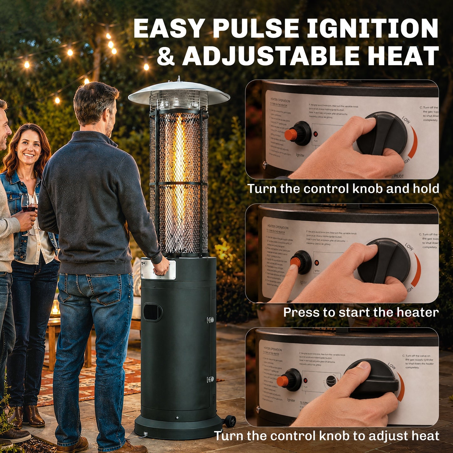 Outsunny 11 KW Freestanding Gas Patio Heater, Adjustable Outdoor Garden Propane Heater with Tip-Over Switch, Wheels, Pulse Ignition, Tank Room with Openable Door, Black