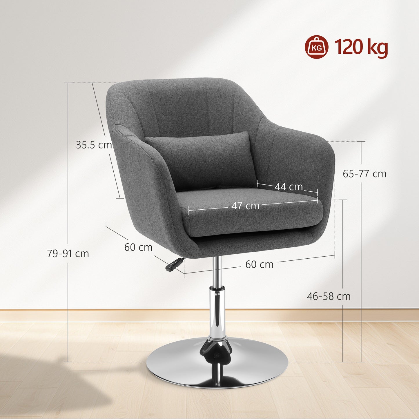 HOMCOM Swivel Accent Chair, Linen Fabric Tub Vanity Chair, Modern Armchair with Adjustable Height and Lumbar Support for Living Room Bedroom Salon Make up Room Dressing Table, Dark Grey