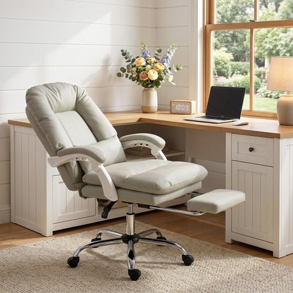 HOMCOM Ergonomic Executive Office Chair, Velvet Reclining Desk Chair with Lumbar Support, Footrest, Plush Thick Cushion, Khaki
