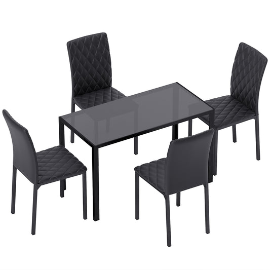 HOMCOM 5 Piece Dining Set, Kitchen Table with Glass Top, Faux Leather Chairs, Black