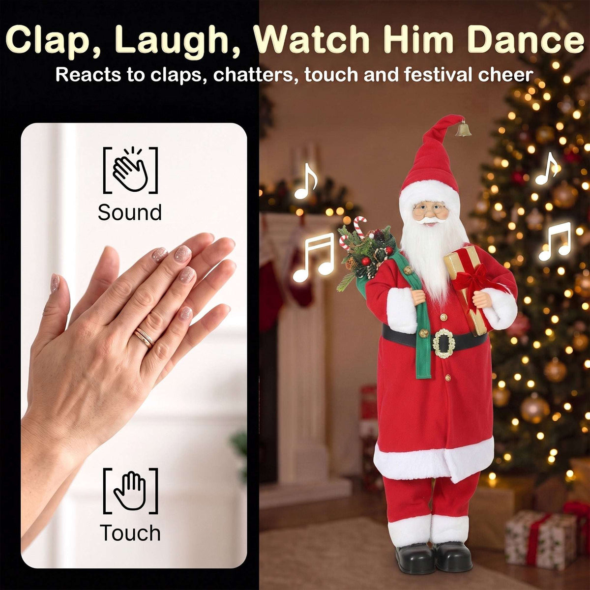 HOMCOM 4ft Singing Dancing Santa Claus, Standing Christmas Animated Santa Figure with Gift and Sack, Sound/Touch Activated