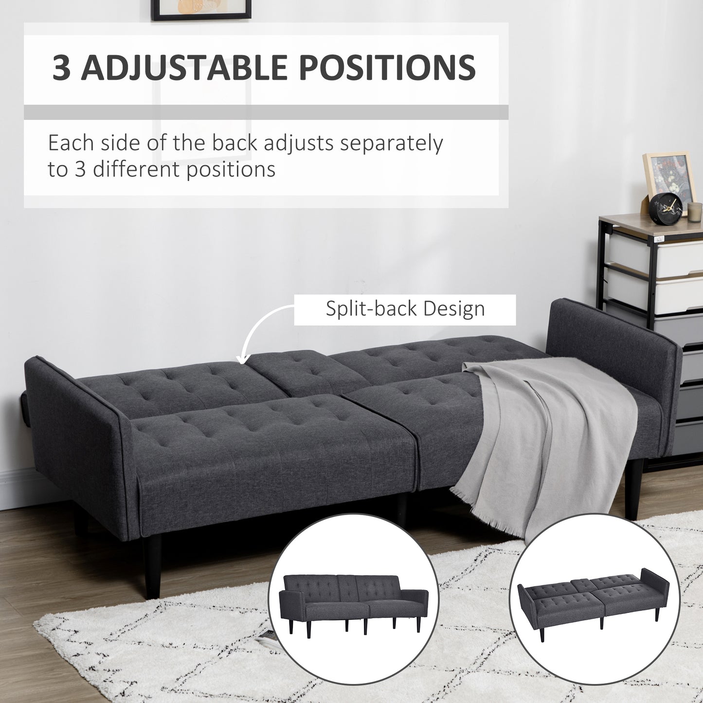 HOMCOM Three-Seater Sofa Bed, with Cupholders - Grey