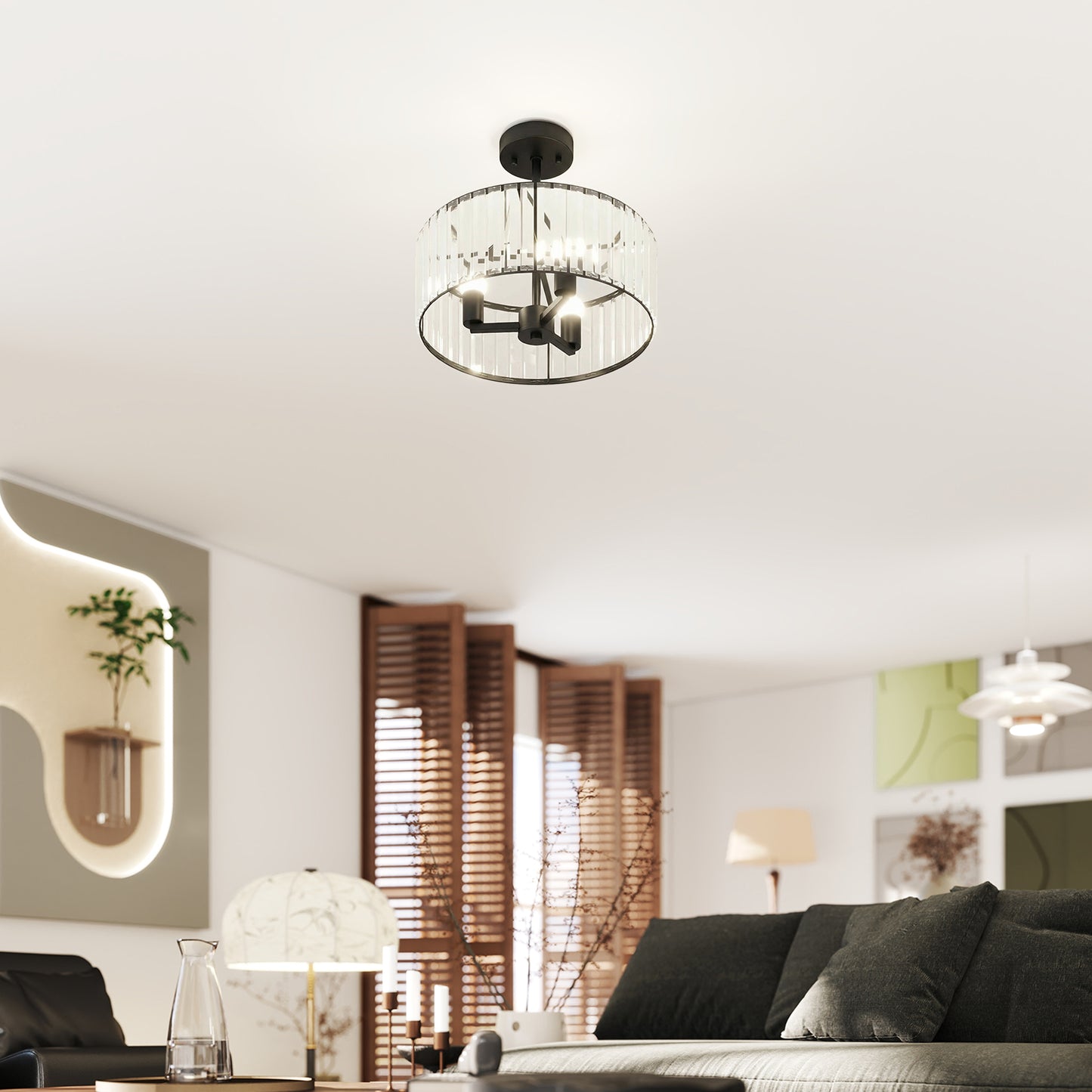 HOMCOM Crystal Ceiling Light, Semi Flush Mount Modern Crystal Chandelier Ceiling Light, E14 Base 3-Lights, Bulbs Not Included