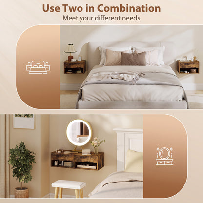HOMCOM Set of Two Floating Bedside Tables - Rustic Brown
