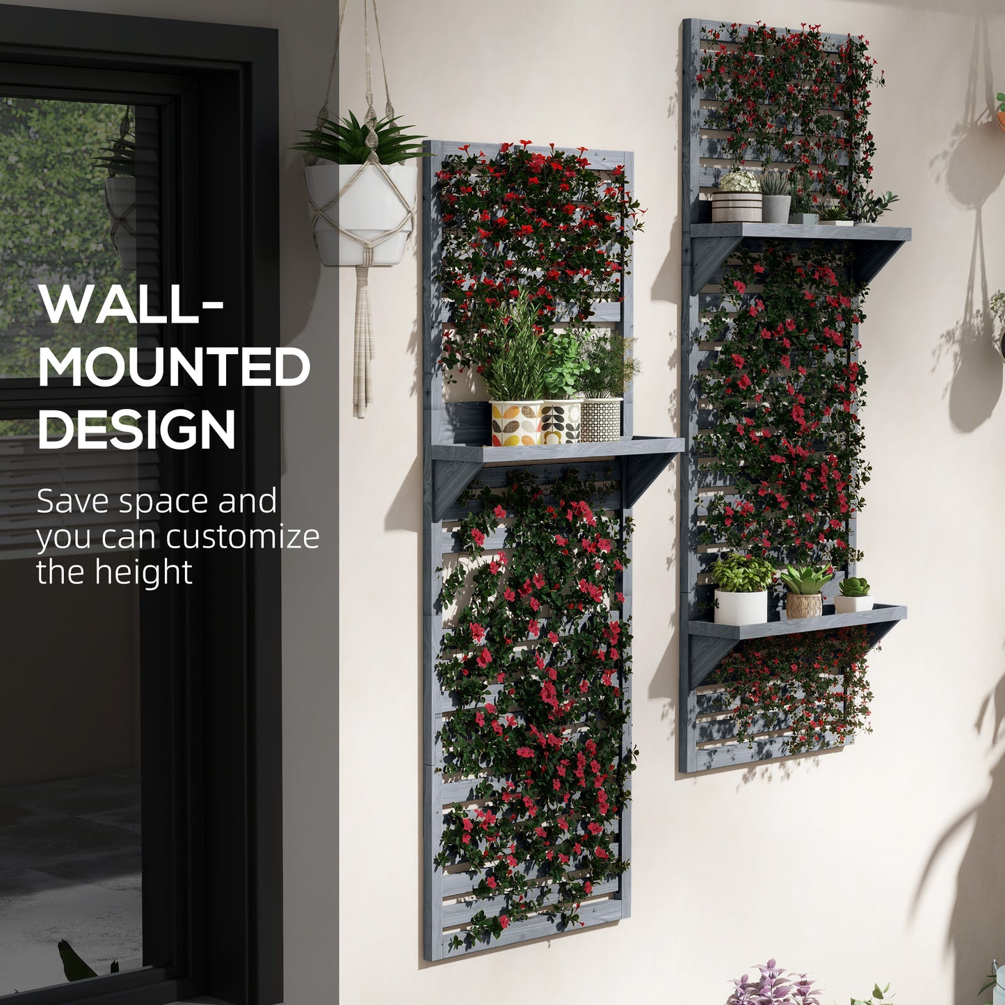 Outsunny Wall Mounted Plant Stands Set of 2, Fir Wood Flower Stand with Shelves and Slatted Trellis for Patio, Balcony, Porch