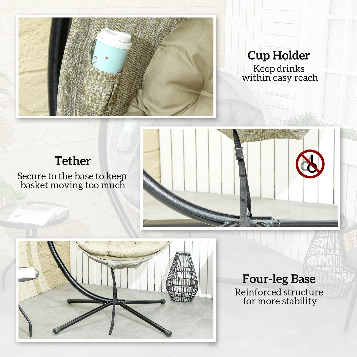 Outsunny Hanging Egg Chair Outdoor Indoor Garden Swing Chair with Folding Basket, Thickened Cushion, Cup Holder for Patio, Balcony, Khaki